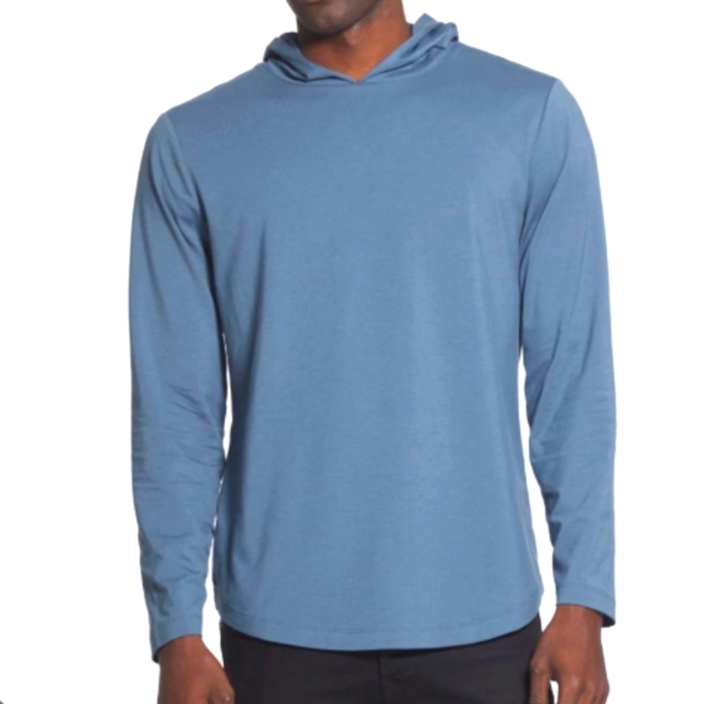 CUTS (Size L) Men's Blue Curve-Hem Stretch Lightweight LS Hood Pullover Sweater